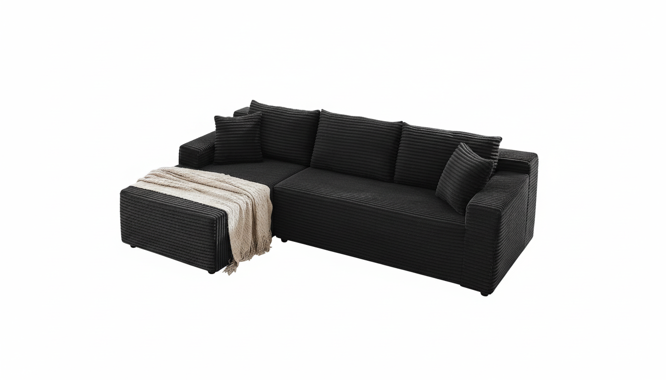 105 Inch Cloud Sectional Couch,Modern Modular Sectional Sofa with Deep Seat,Corduroy Boneless Couches with L-Shape Chaise for Living Room Bedroom,No Assembly Required (Black, Left Facing Chaise)