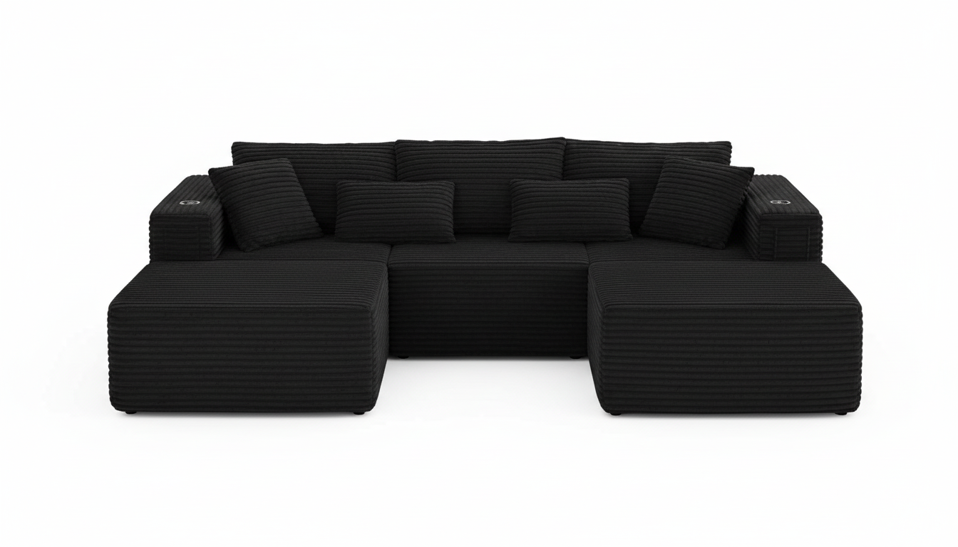 108 Cloud Sectional Couch, Comfort U Shaped Boneless Couch for Living Room, Extra Deep Seats No Assembly, Minimalist Modular Sofa, Corduroy (Black, 2 Seater+Left Facing Chaise+Ottoman)