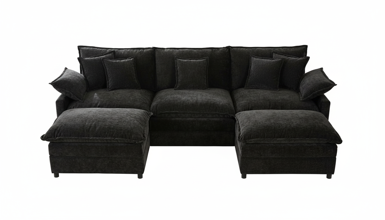 108 U Shaped Couch, Modular Sectional Sofa, 3-Seater Comfy Cloud Couch with Movable Ottoman, Deep Seat Couches for Living Room, Chenille, Black - Black Sectional sofa