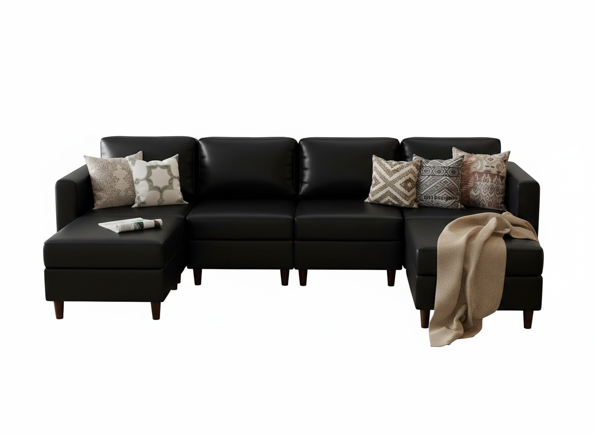 ABCASA Oversized Modular Sectional Sofa, 118.5 Faux Leather 6 Seater U Shaped Couch with Movable Ottoman and Storage Seat with Reversible Chaise Deep Seat for Living Room Black