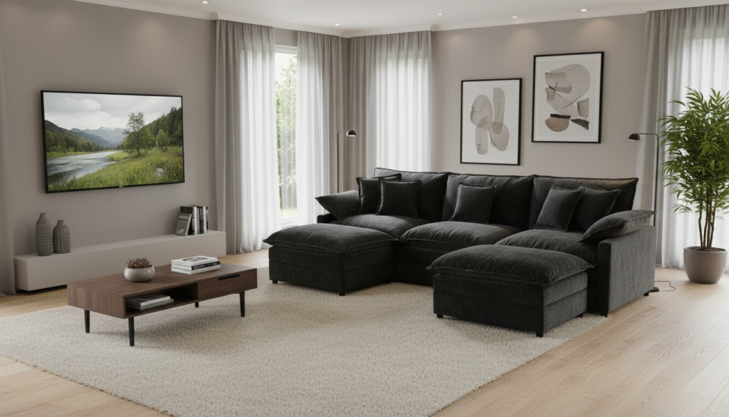 108 U Shaped Couch, Modular Sectional Sofa, 3-Seater Comfy Cloud Couch with Movable Ottoman, Deep Seat Couches for Living Room, Chenille, Black - Black Sectional sofa