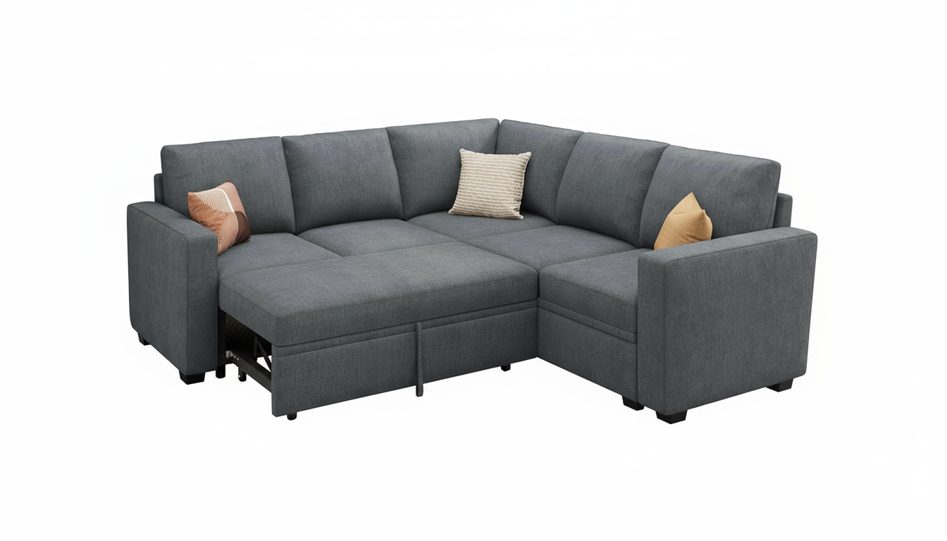 HONBAY Modular Sectional Sleeper Sofa with Pull Out Bed, Chenille L Shaped Couch with Storage Seats, Convertible Sectional Couches for Living Room, Bluish Grey