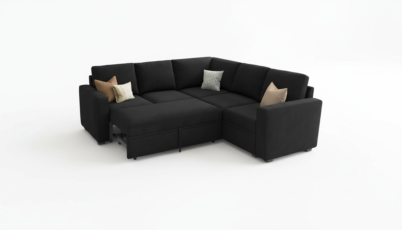 HONBAY Sectional Sleeper Sofa with Pull Out Bed, Velvet L Shaped Couch with Storage Seat, Modular Sectional Couches for Living Room, Black