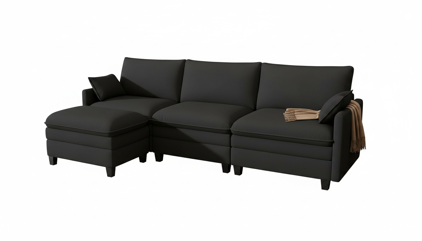 MANBUR 113 Cloud Sectional Couch, Premium Chenille Comfort Moudular Sectional Sofa & Ottoman, 4 Seat L-Shaped Cloud Couch & 5 Pillows, Oversized Comfort Sofa for Living Room, Apartment, Office, Black