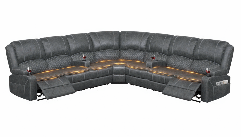 Manual Reclining Sectional Sofa Set, 7 Seats Soft Dutch Velvet Recliner Corner Sectional Couch, Family-Sized L-Shaped Recliner Couch with USB Charging, Thickened Padding, Sturdy Frame, Grey - Luxury Sectional Sofa