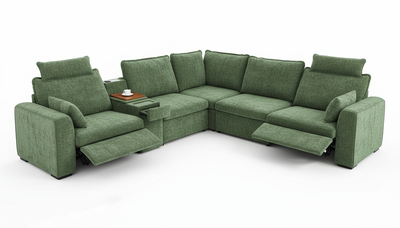 Oversized Modular Sectional Sofa with Double Power Recliner, Cloud Reclining Couch with Headrest, Storage Drawer Charging Cup Holders, Deep L-Shaped 6 Seater with Corner, Chenille, Green