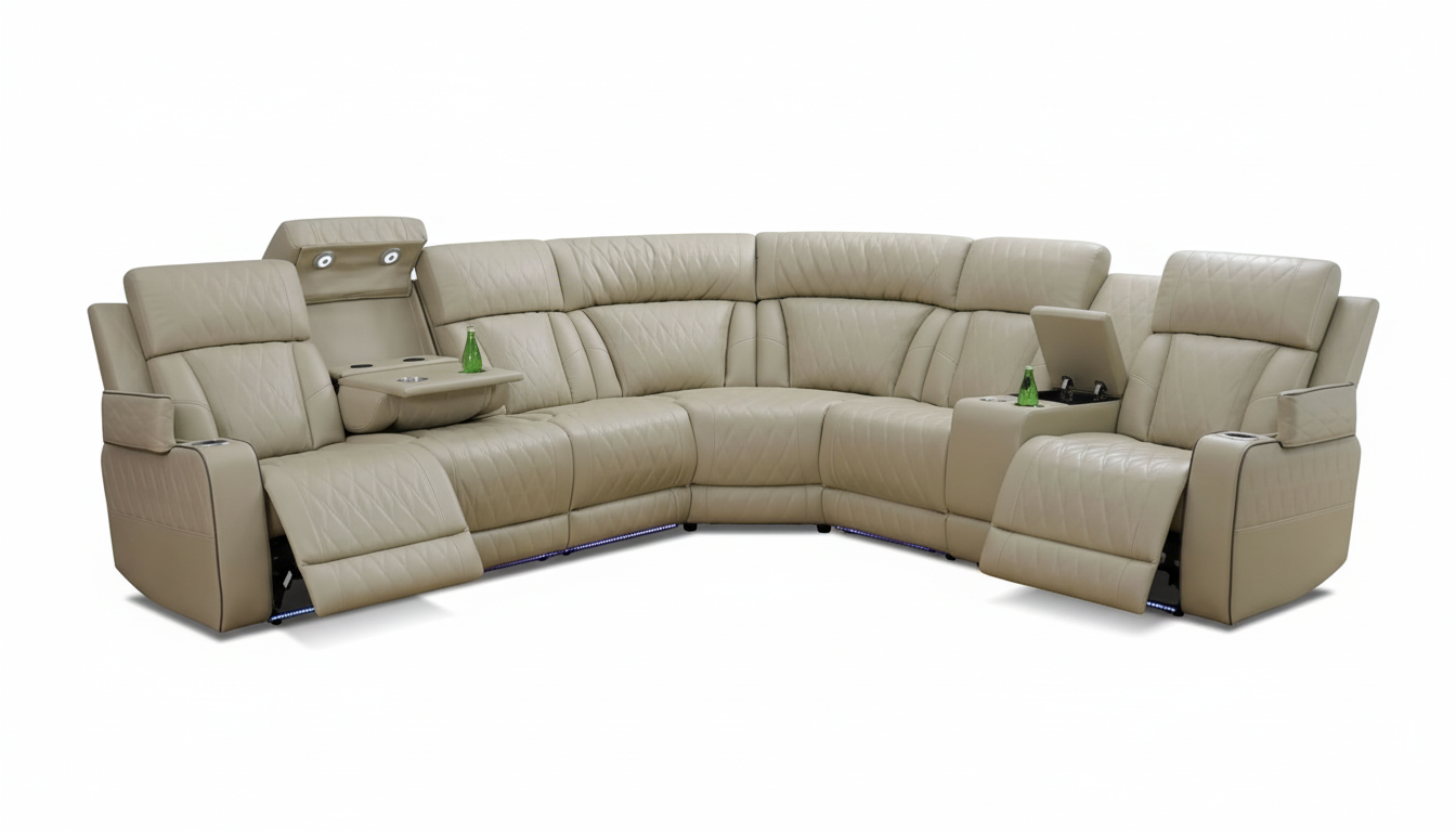Power Leather Reclining Sofa with LED, Recliner Sectional Couch for Living Room, Reclining Couches with Reading lampWireless ChargingHide-Away Storage (Beige, Sectional)