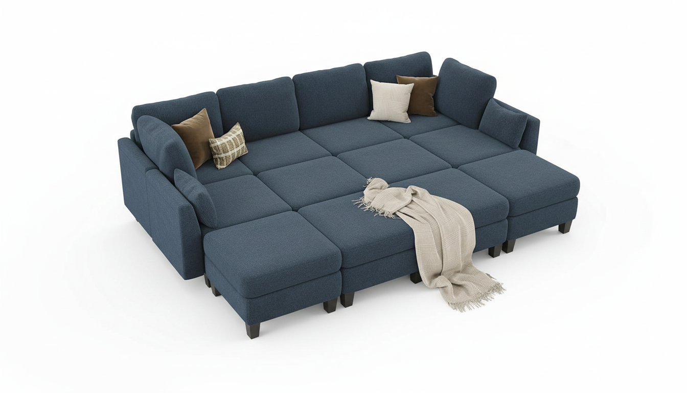 Sectional Sleeper Sofa, 6 Seaters Modular Sleeper Sofa Couch, Comfy Sectionals Couches Bed, Convertible Sofas with Ottomans, Modular Sectional Couches for Living Room, Blue Sectional Sleeper Sofa