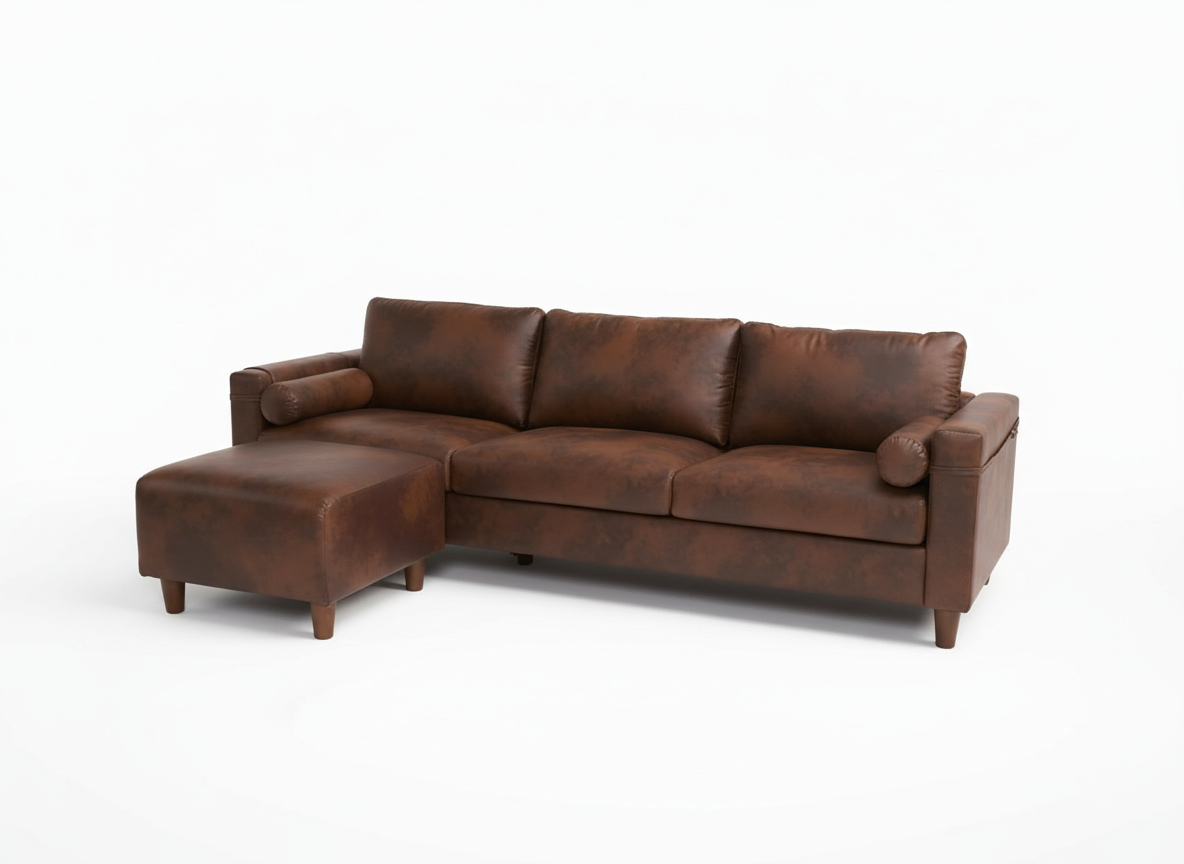Vesgantti 100 PU Faux Leather Sofa with Movable Ottoman, 3 Seater L Shaped Leather Sectional Couch with Side Pocket, Comfy Mid Century Modern Modular Couch for Living Room, Apartment, Cocoa