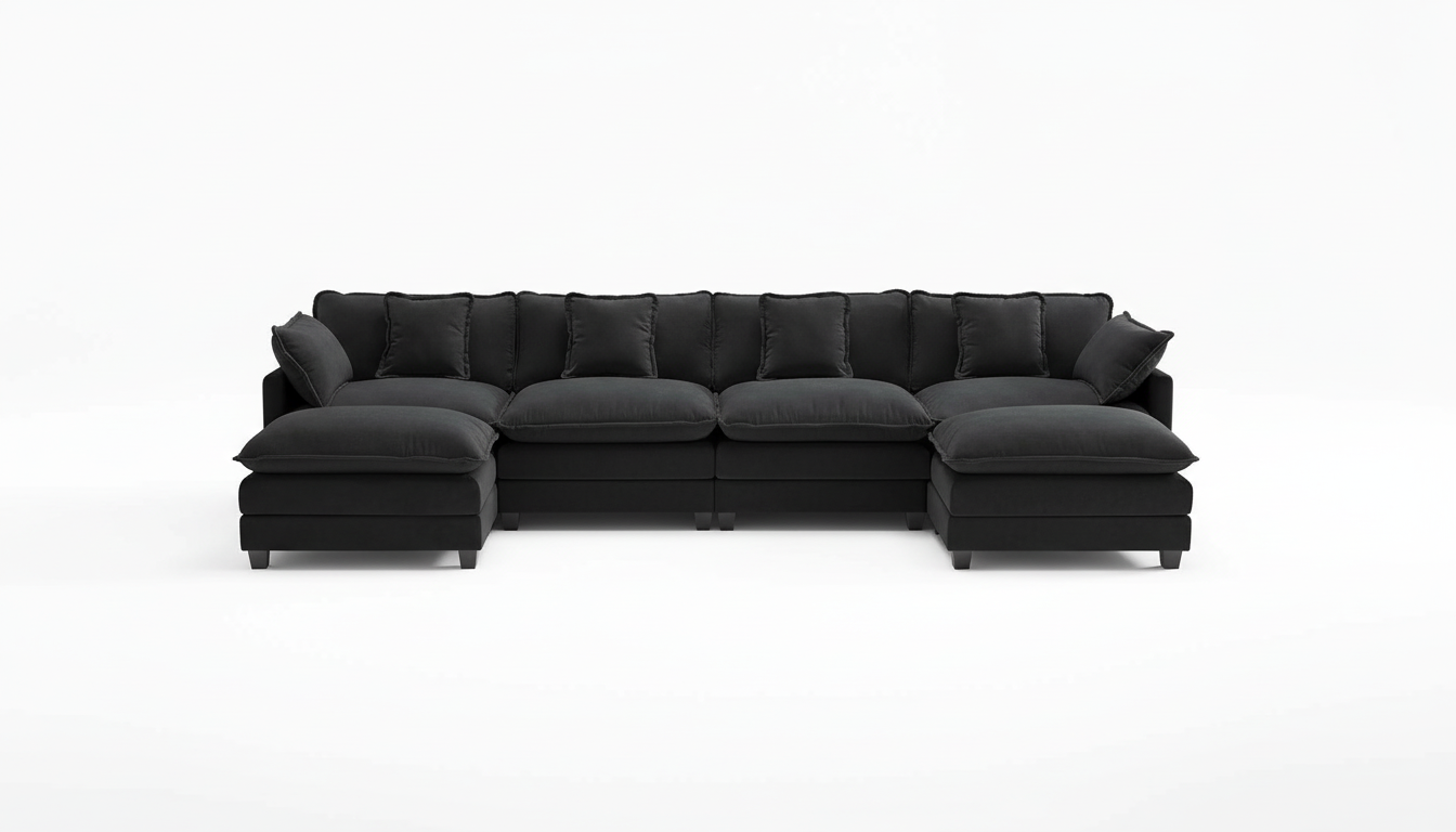 Ihanherry U-Shaped Modern Sofa 146 Modular Sectional Cloud Couch with 2 Ottoman, 6-Seat Chenille Deep Seat Sofa with 6 Pillows for Living Room, Black
