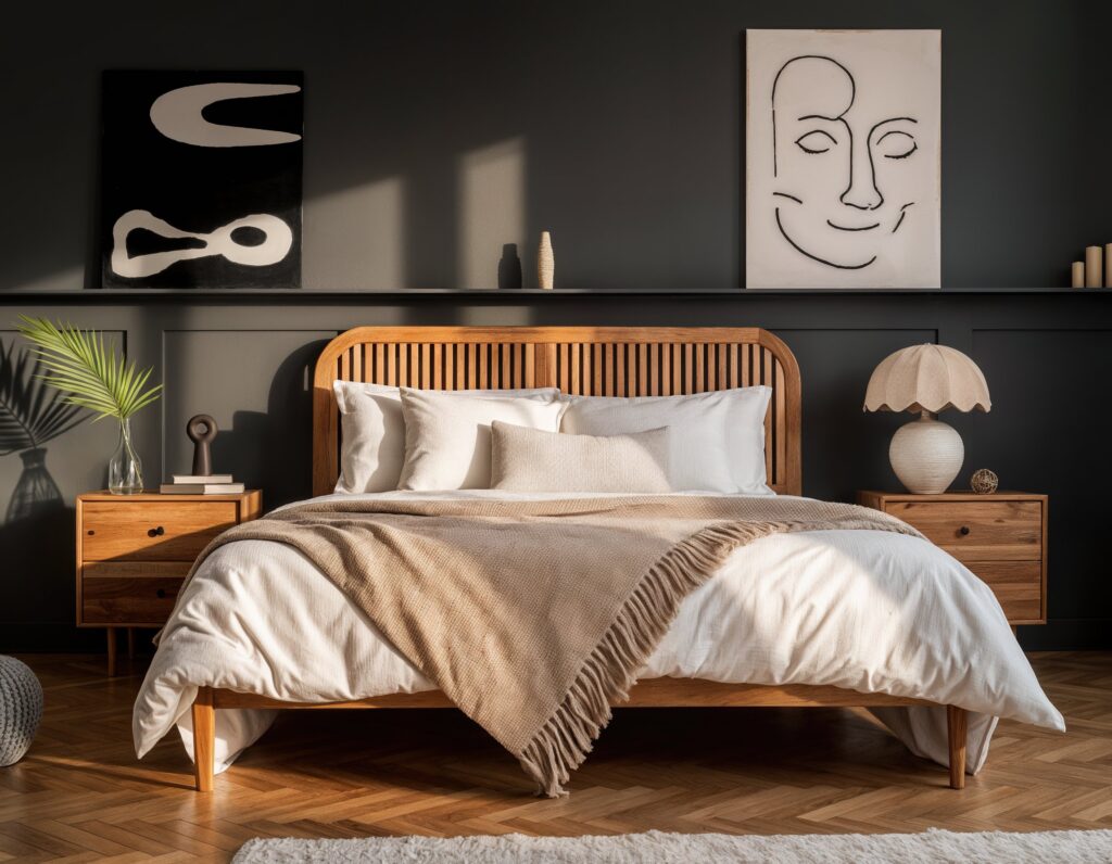 contemporary bedroom sets with white mattress, wooden bed and abstarct wall art